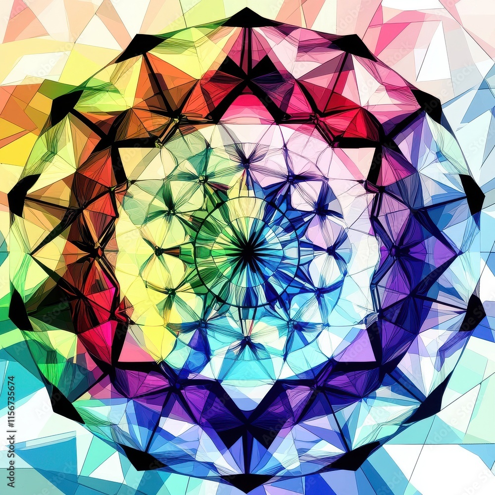 Poster a vibrant, abstract kaleidoscopic design featuring a stunning array of colors and geometric shapes.