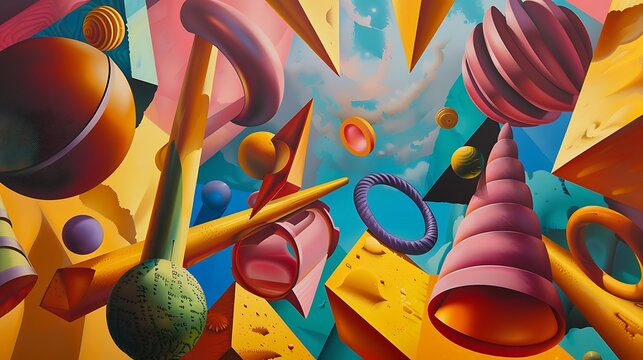A swirling collection of geometric shapes, including ellipsoids and cones, floating against a vibrant backdrop
