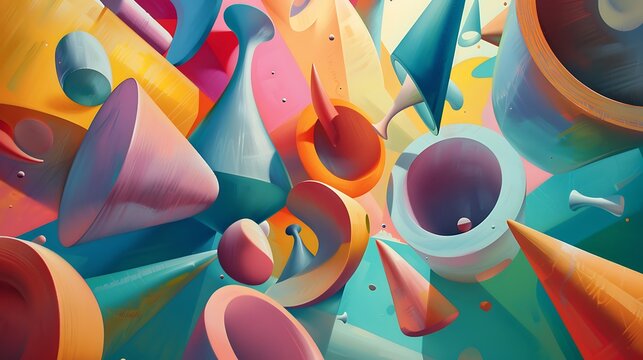 A swirling collection of geometric shapes, including ellipsoids and cones, floating against a vibrant backdrop