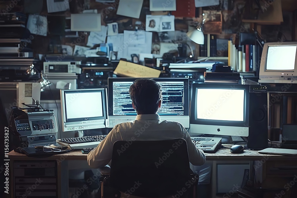 Poster programmer working late at night in a cluttered office.