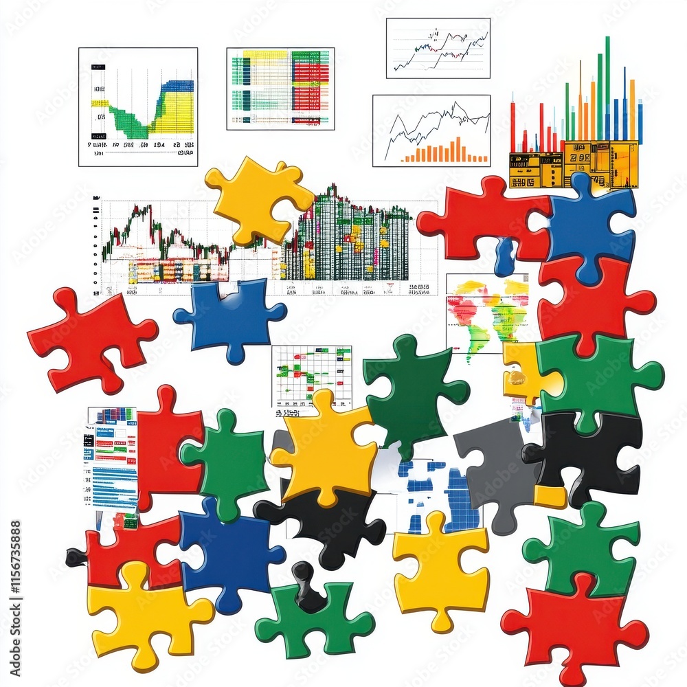 Poster colorful puzzle pieces scattered over various financial graphs and data visualizations, symbolizing 