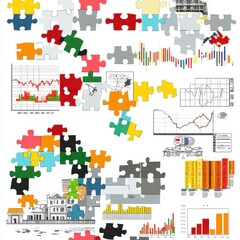 A colorful assortment of puzzle pieces featuring charts, graphs, and illustrations, symbolizing problem-solving and analysis.