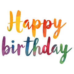 "Happy Birthday" hand-lettered in a vibrant, rainbow-colored watercolor style. This cheerful and festive design is perfect for birthday cards, invitations, social media posts