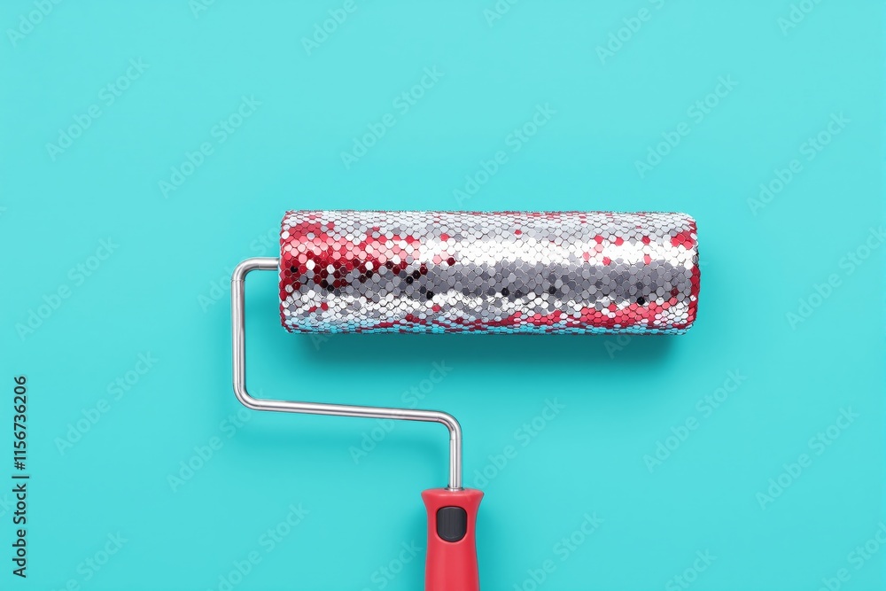 Poster a paint roller with a handle and a roller covered in shiny sequins, placed on a bright turquoise bac