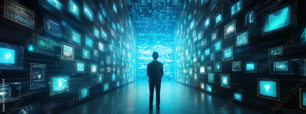 Aufkleber a person standing in a digital corridor surrounded by floating screens displaying data, technology, 