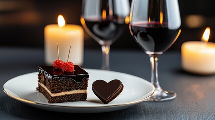 A romantic dessert setting featuring a chocolate cake, heart-shaped treat, and glasses of red wine beside flickering candles.