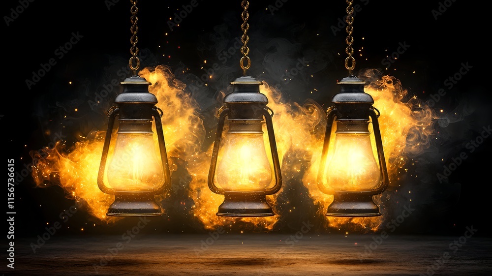 Poster elegant 3d of glowing lanterns with intricate swirling golden shapes creating a serene and captivati