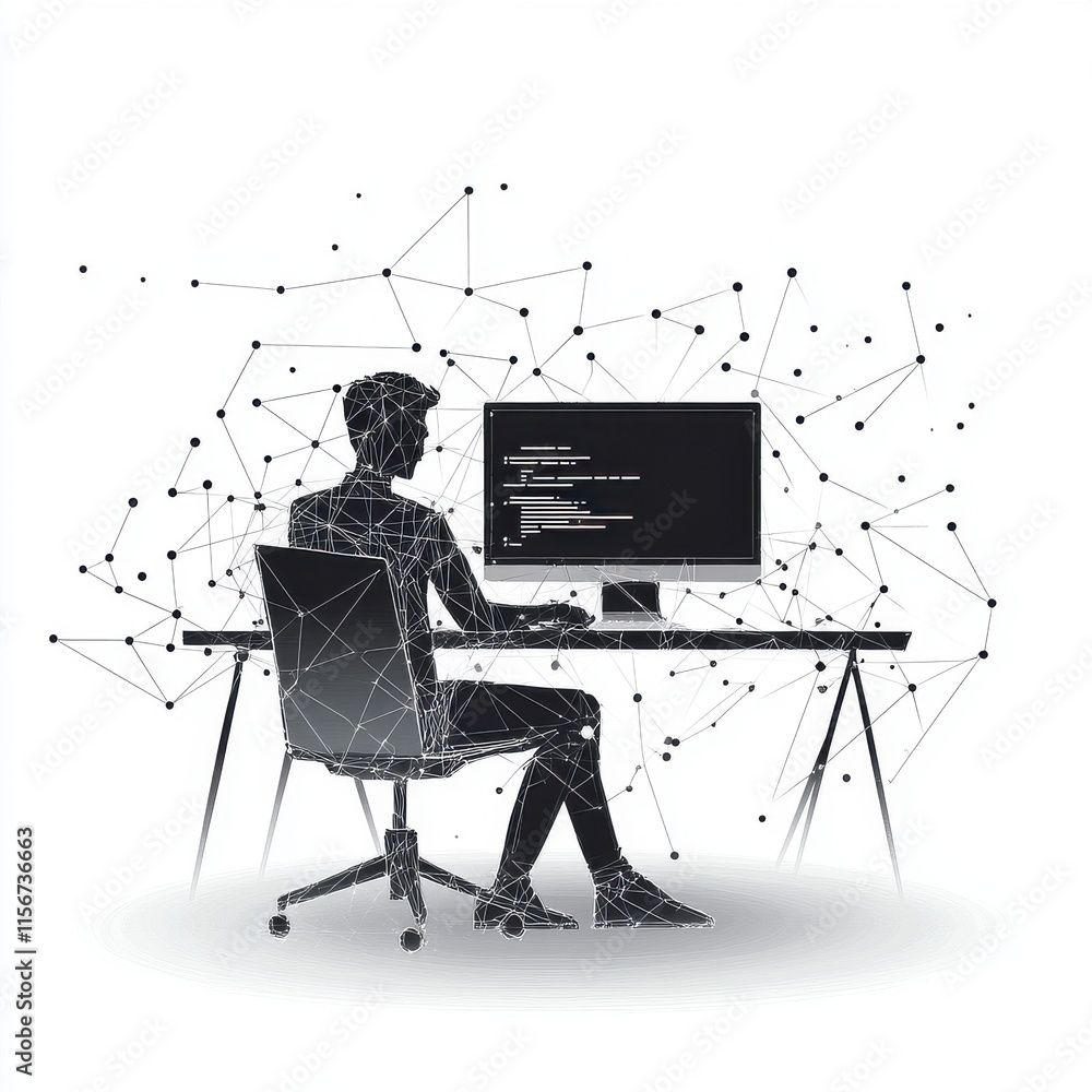Poster silhouette of a focused male programmer working at a computer with a digital network background, emp