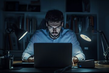 Focused Man Working Late on Laptop