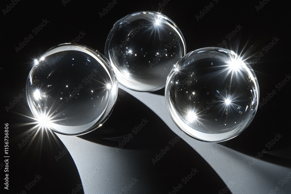 Poster three crystal spheres reflecting light, creating starburst patterns on a dark surface.