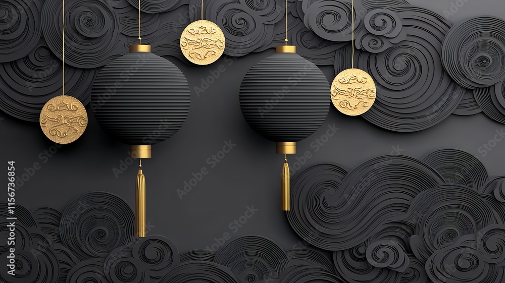 Aufkleber elegant gold swirled lanterns forming abstract shapes against a moody background with a blank text p