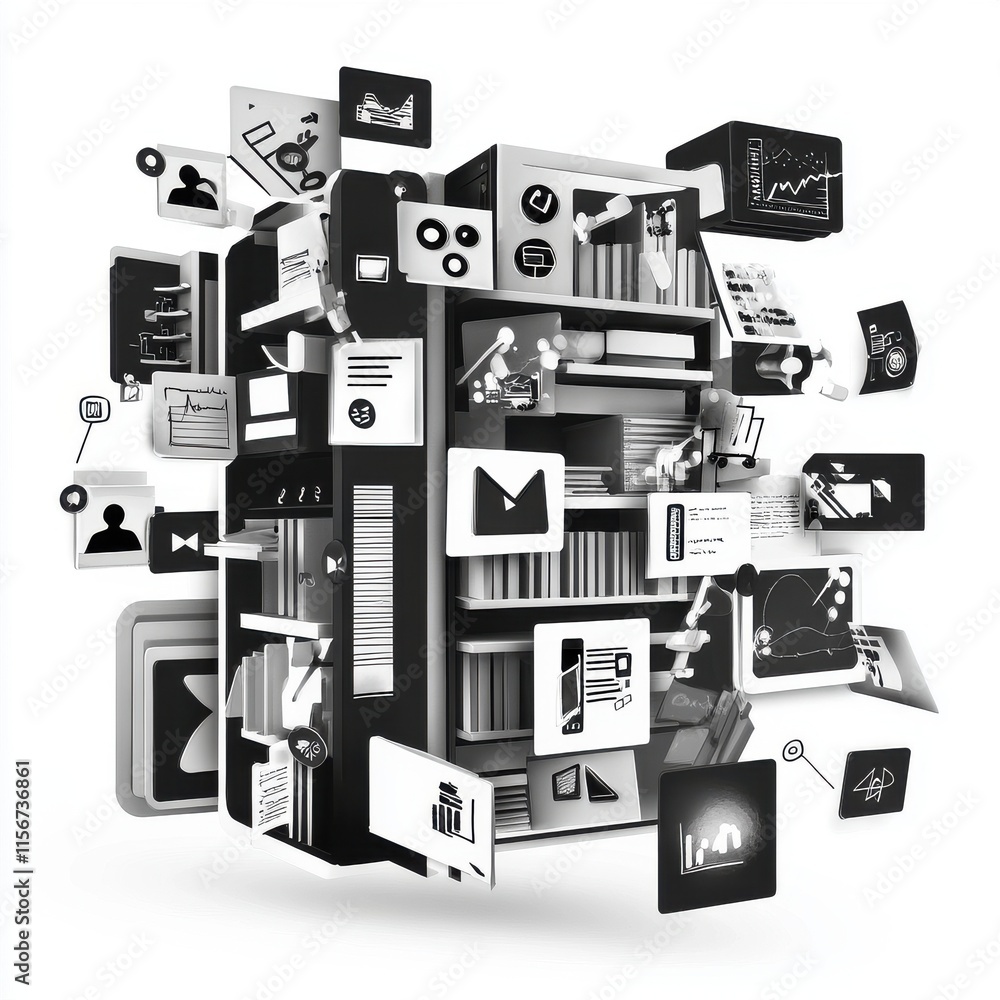 Poster A visually striking 3D representation of digital communication and data analytics, combining modern technology elements.