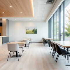 Modern Office Space with Natural Light, Minimalist Design, and Comfortable Furnishings, Featuring Large Windows and Cozy Atmosphere for Productivity and Collaboration