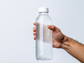 Sports drinks boost fitness and replenish sweat concept. hand holding water bottle with condensation, refreshing hydration