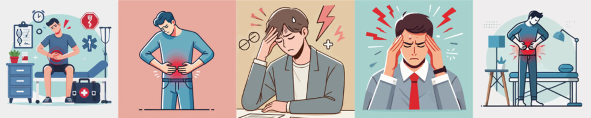 Vector collection of characters holding their heads because they have a headache