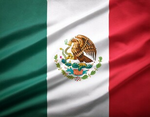 Mexican green white red flag with palm trees and blue sky and clouds in Zicatela Puerto Escondido Oaxaca Mexico.