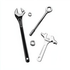 An arrangement of metal tools, including a black adjustable wrench and a white hammer, on a clean background.