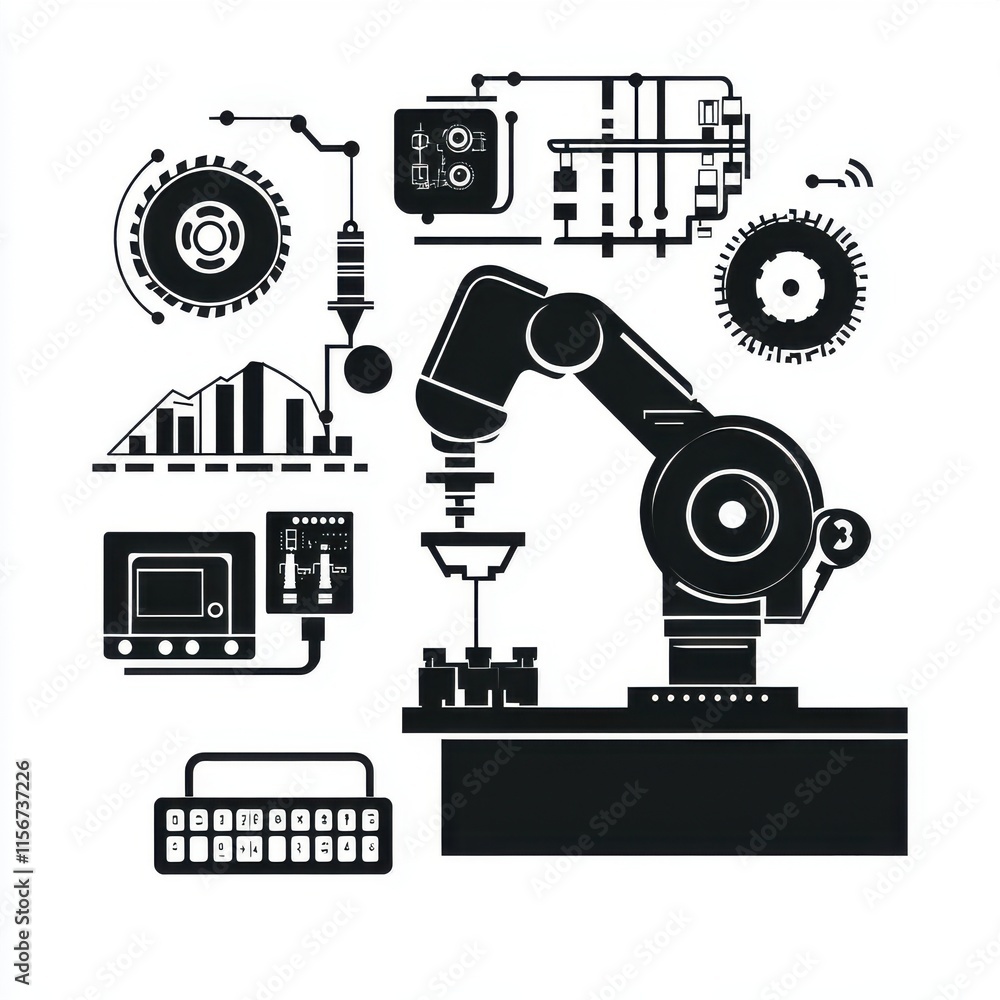 Poster illustration of a robotic arm with engineering components, showcasing automation technology in a mod