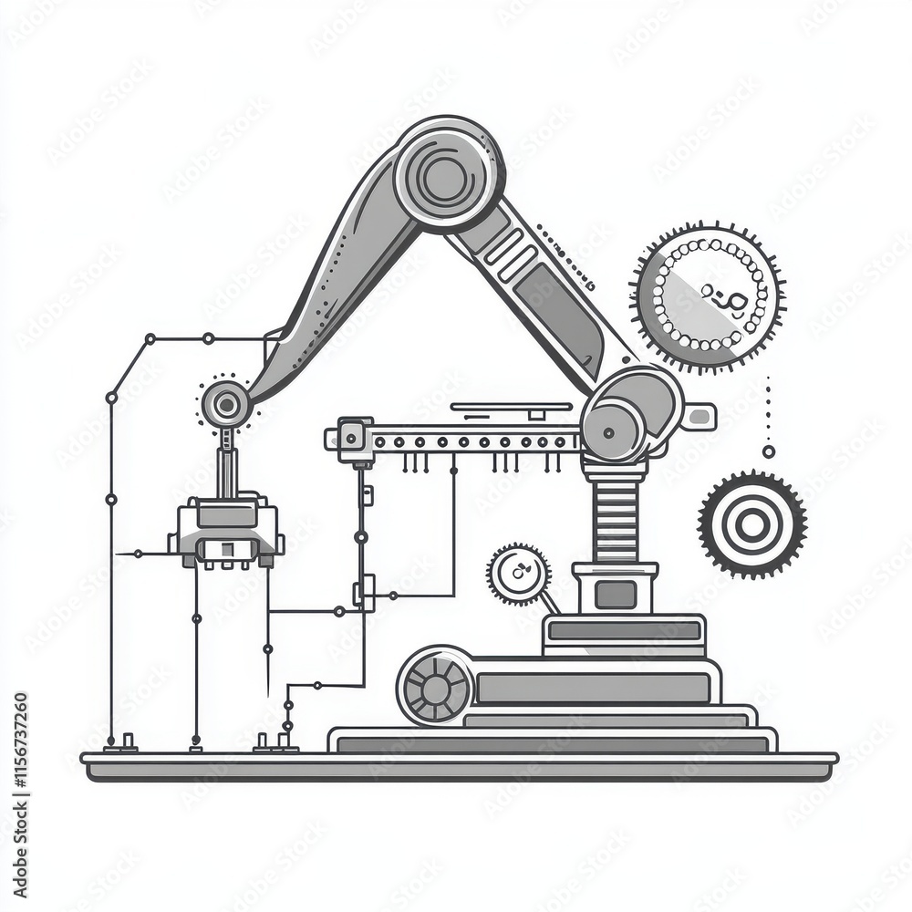 Poster illustration of a robotic arm in a mechanical design with gears and circuits, symbolizing automation