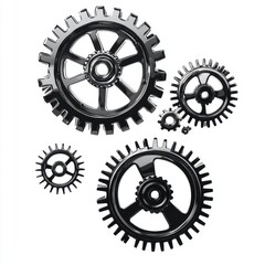 A collection of shiny black gears on a white background, symbolizing mechanics and engineering innovation.