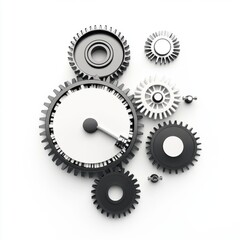 A collection of metallic gears arranged artistically on a white background, showcasing intricate design and structure.