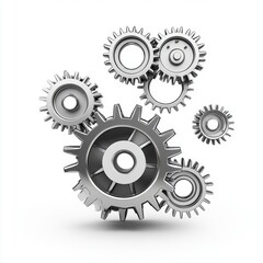 A collection of metallic gears in various sizes, showcasing a mechanical concept with a sleek, modern design.