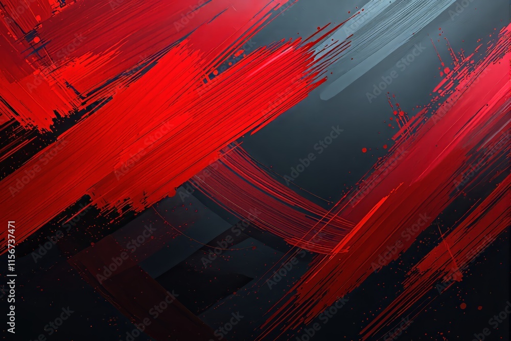 Poster abstract image featuring bold red brushstrokes and subtle gray strokes on a dark background, conveyi