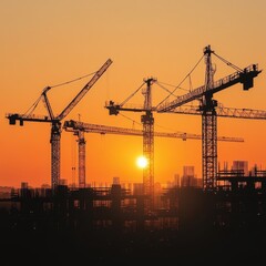 Silhouetted construction cranes against a vibrant sunset, creating a dramatic skyline.