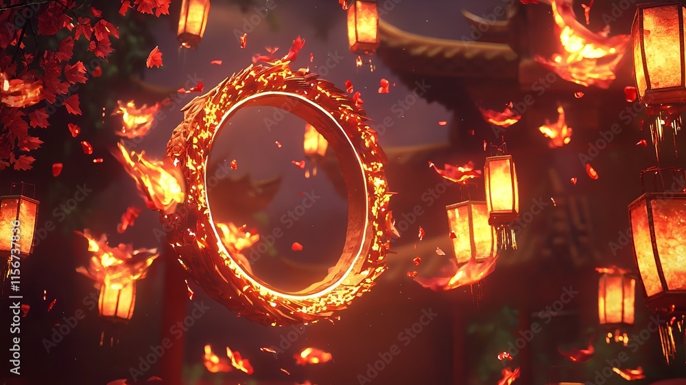 Poster circular arrangement of glowing lanterns with blank text placeholder in a clean minimalist 3d layout