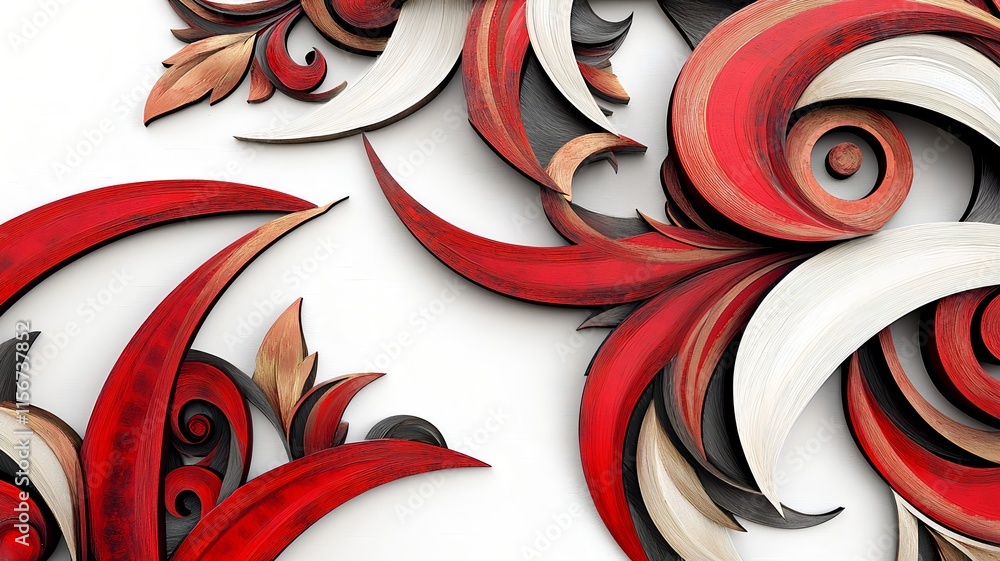 Poster elegant abstract red and gold swirling accents on a clean white background creating a seamless dynam