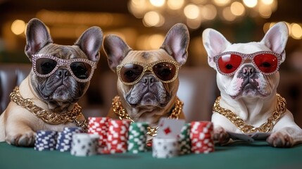 Three dogs wear sunglasses and gold chains around their necks while sitting at a poker table, surrounded by colorful chips, in a lively atmosphere resembling a casino