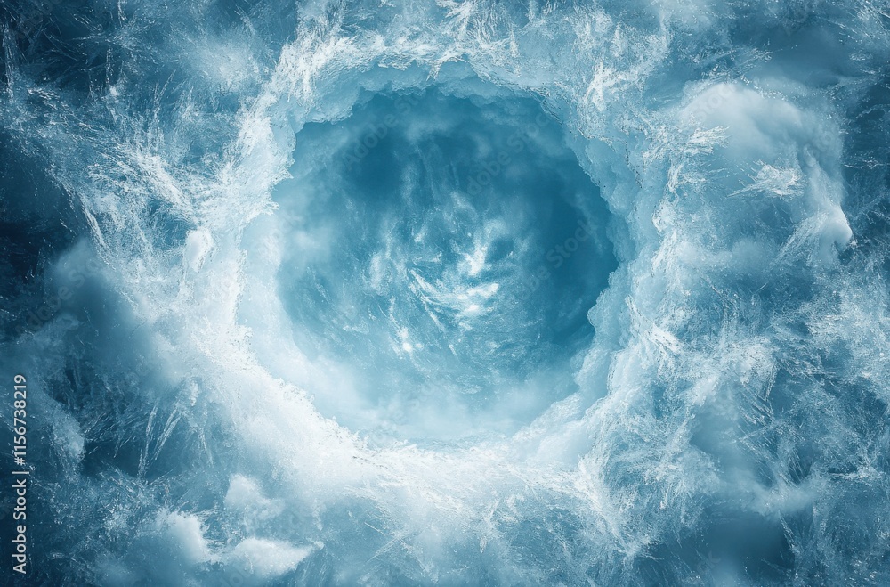Poster captivating aerial view of ice forming a circular pattern above a deep blue pool creating an etherea