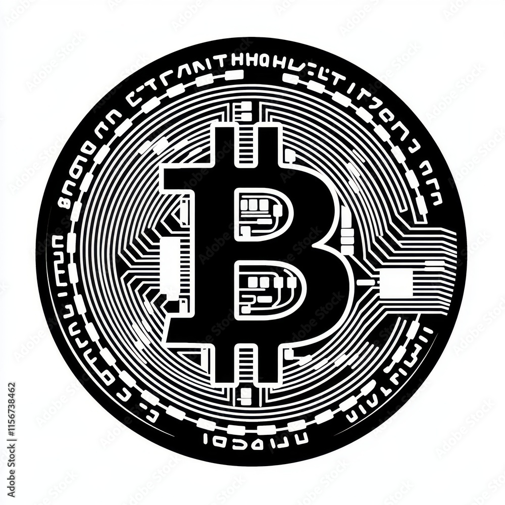 Aufkleber a stylized black and white representation of a bitcoin symbol, showcasing intricate circuit patterns