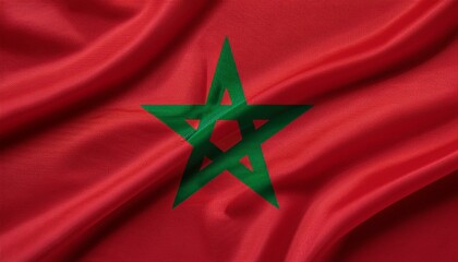 Morocco flag wavering in beautiful clouds with building skyline. The flag with drone shot in beautiful sky. Morocco national flag for independence day.