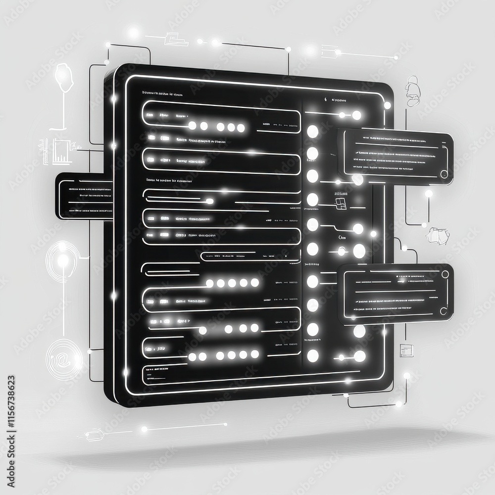 Poster futuristic digital interface showcasing user interactions in a sleek black design.