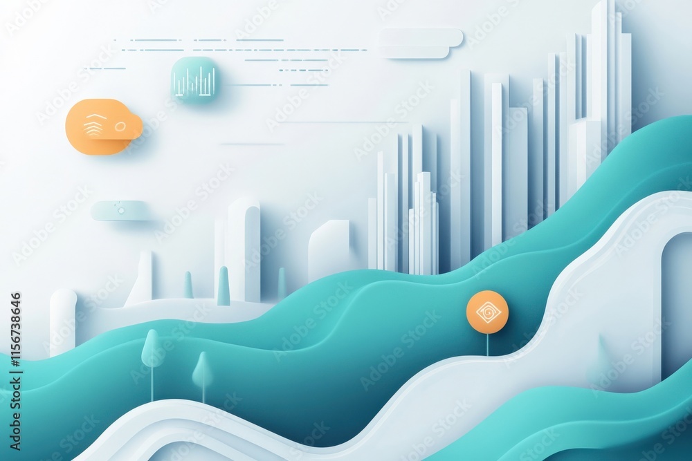 Poster abstract digital landscape with modern architecture and flowing waves illustrating innovation and te