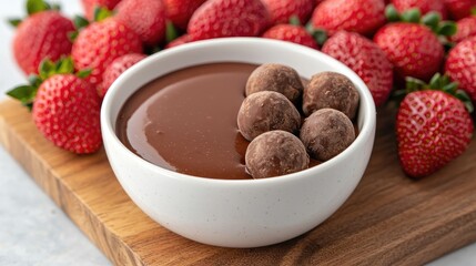 A bowl of chocolate dip with chocolate truffles surrounded by fresh strawberries on a wooden board, perfect for dessert or snacking.