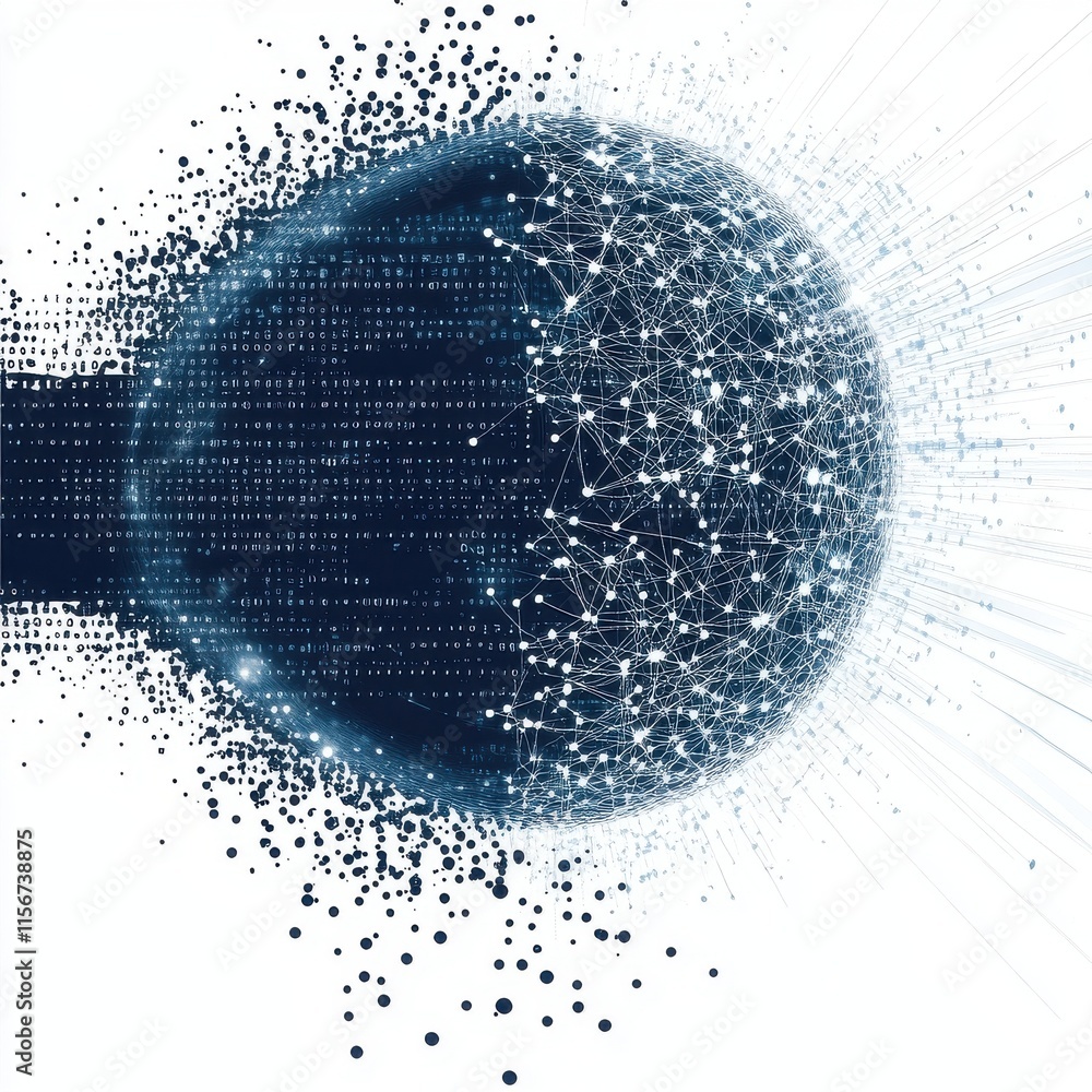Poster abstract digital sphere with a network of connected dots and binary code, symbolizing technology and