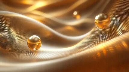 Abstract golden spheres rolling on a wavy, textured surface.