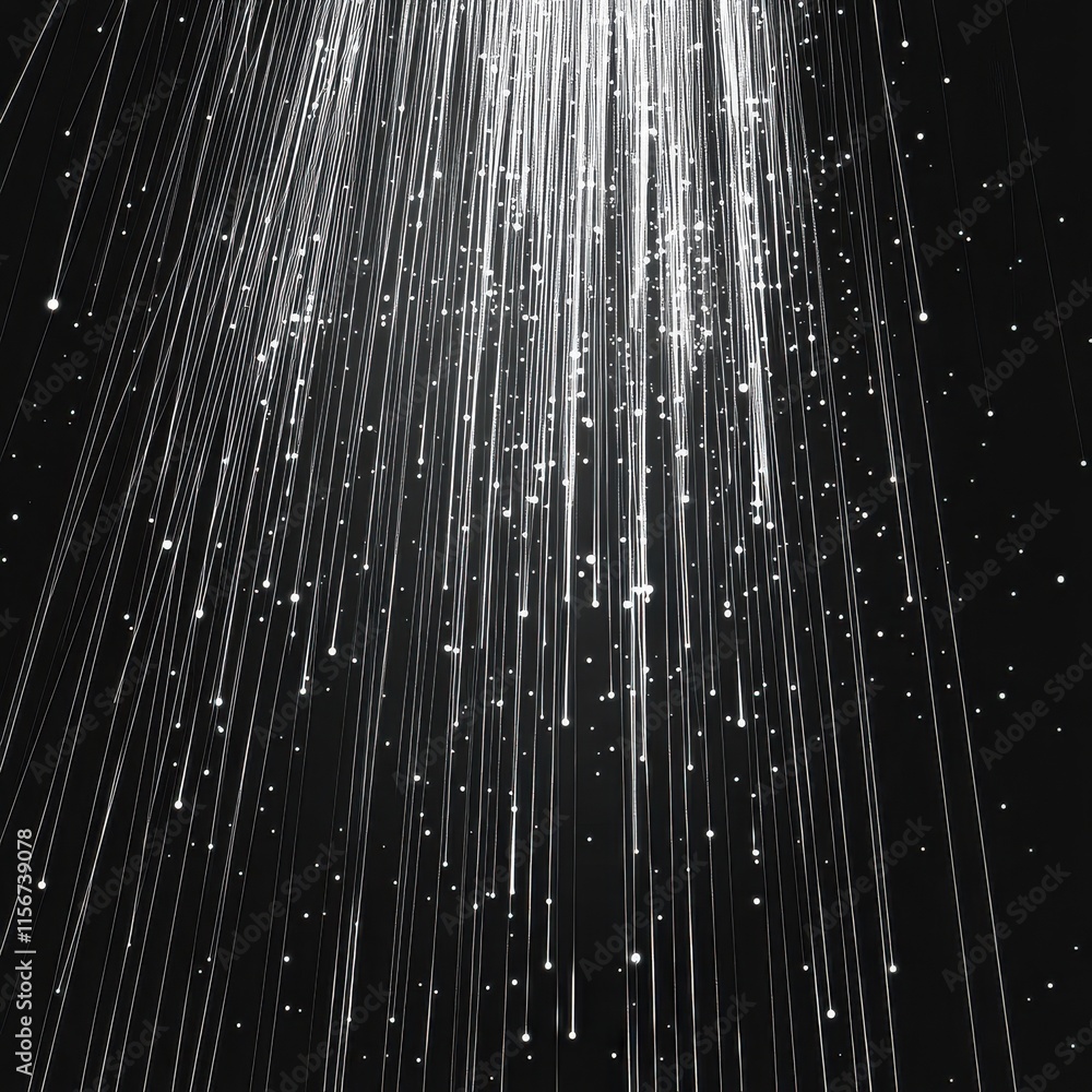 Poster a mesmerizing shower of luminous particles cascading against a dark backdrop, creating a dreamy atmo