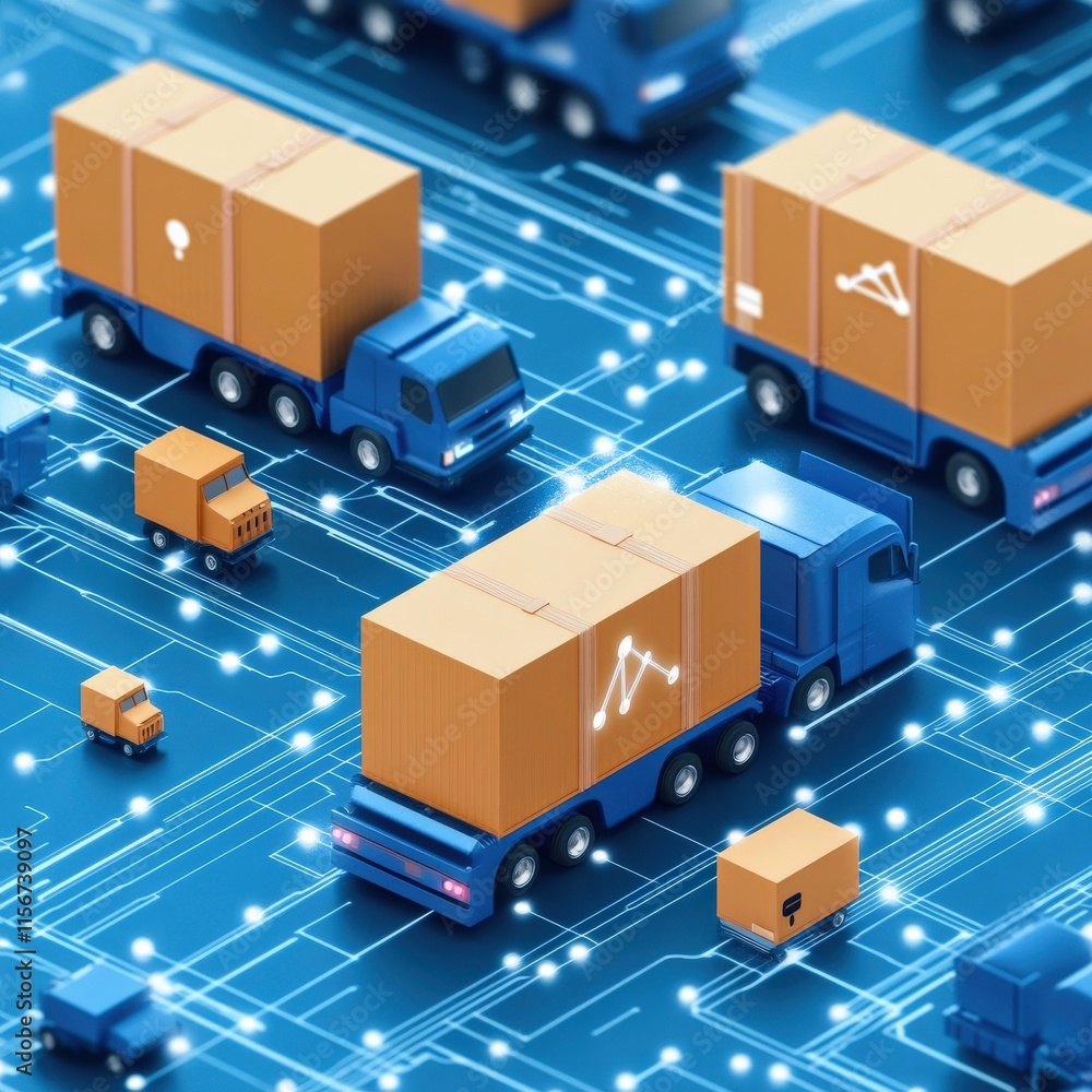 Poster digital logistics network with trucks and boxes representing modern supply chain management and data