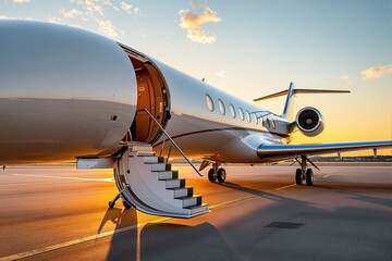 Luxury private jet with open door and stairs, parked on a runway at sunset. Clear sky and warm light enhance the elegant aviation concept. Ai generative