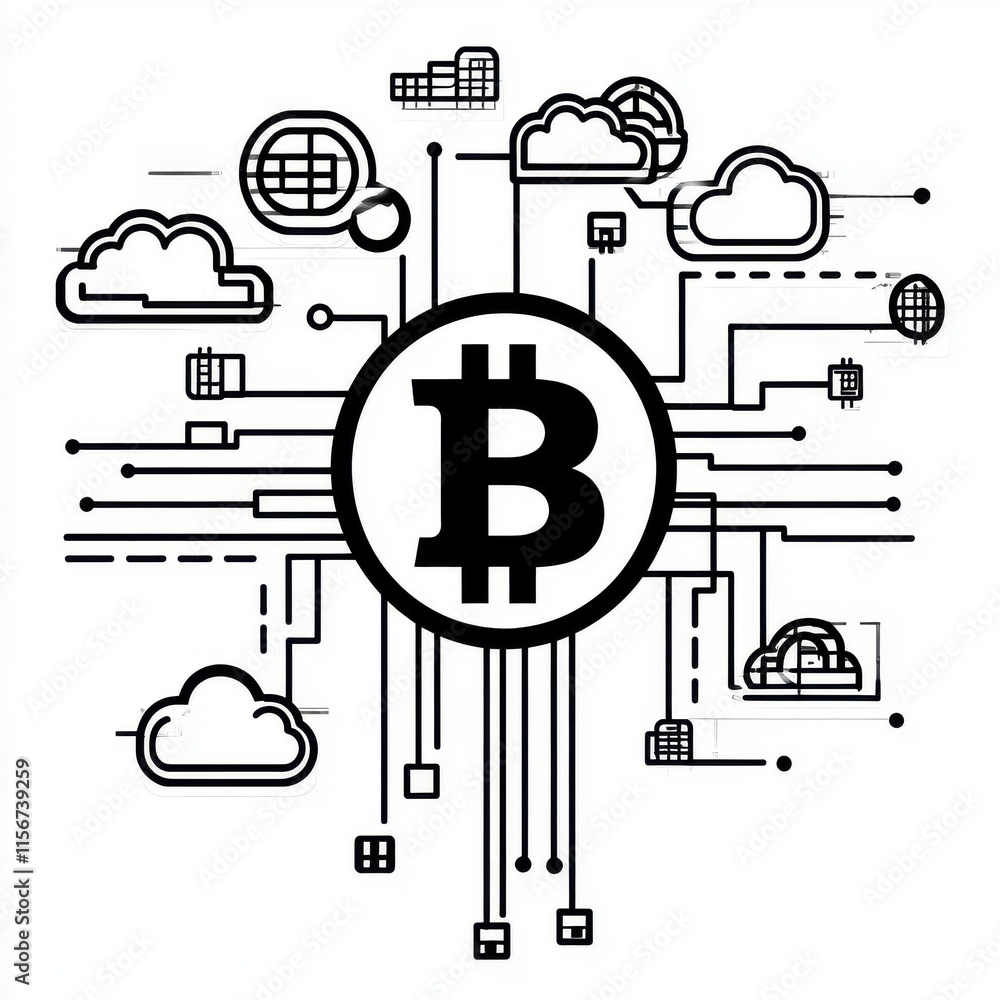 Poster an abstract illustration of bitcoin with digital cloud and network icons, symbolizing cryptocurrency
