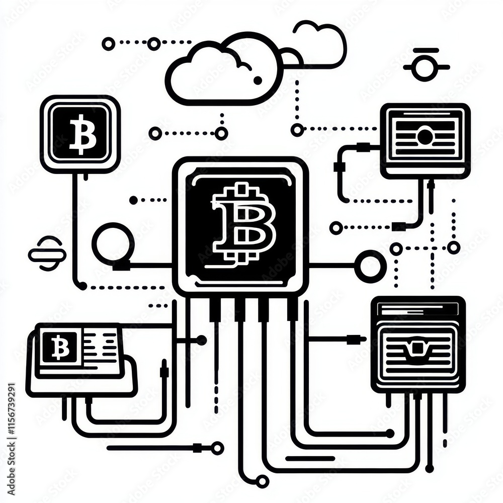 Poster abstract digital illustration of blockchain technology featuring a bitcoin symbol and interconnected