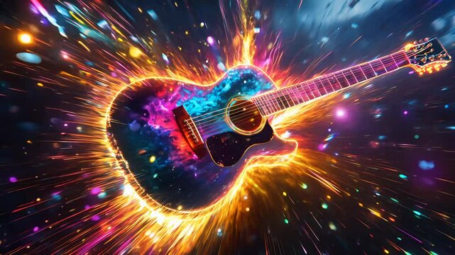 A guitar with burst of colorful light. Music concept