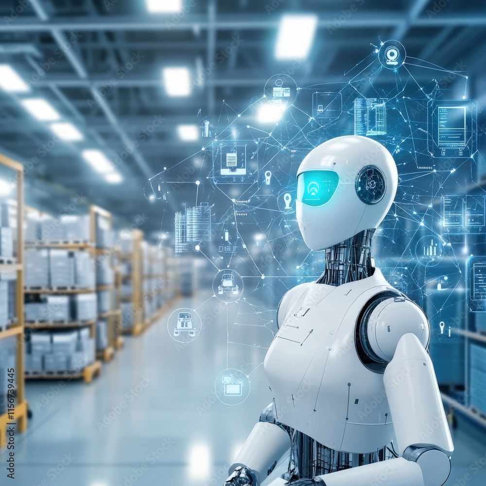 Poster futuristic humanoid robot with artificial intelligence features interacting in a modern warehouse se