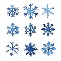 A beautiful arrangement of nine intricately designed snowflakes in shades of blue.