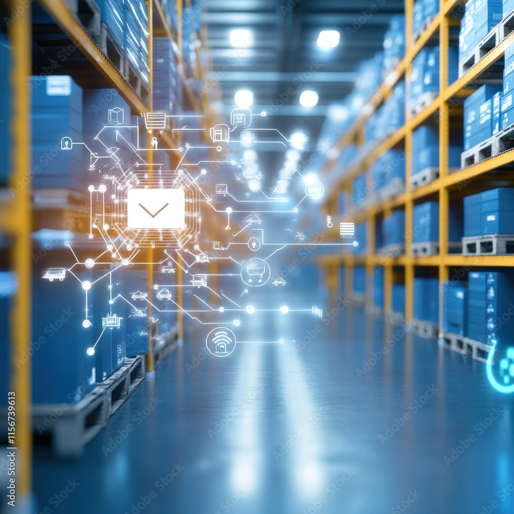 Poster futuristic warehouse with advanced technology and automation illustrating the future of supply chain