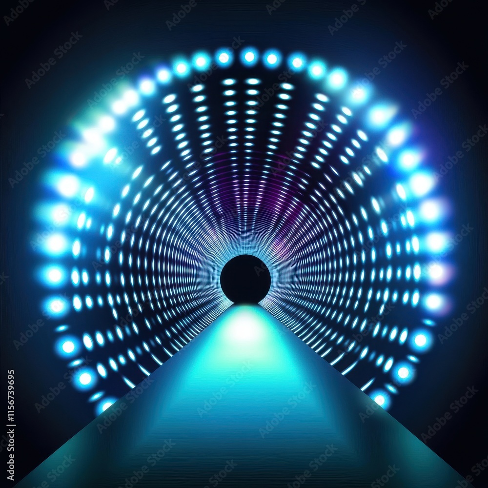 Poster a futuristic tunnel illuminated with vibrant blue lights, creating a mesmerizing pathway to the unkn