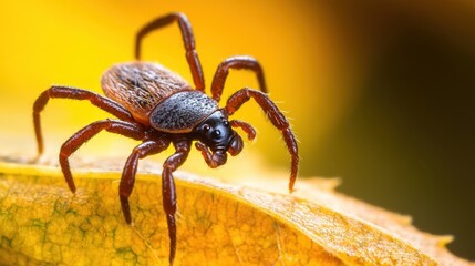 Fototapeta premium Prevent Lyme Disease in Dogs Month Macro close-up of spider on autumn leaf with vibrant yellow background